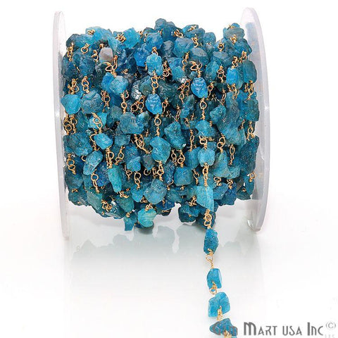 Neon Apatite 6x8mm Nugget Rough Gemstone Gold Wire Wrapped Rosary Chain