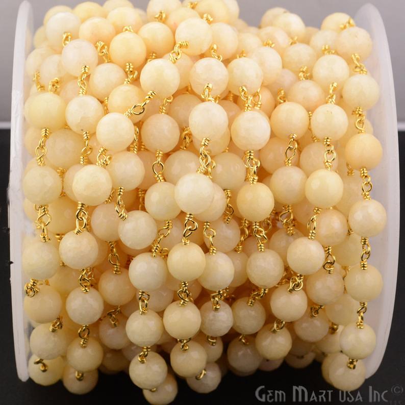 Light Caramel Jade Faceted Beads 8mm Gold Plated Wire Wrapped Rosary Chain - GemMartUSA