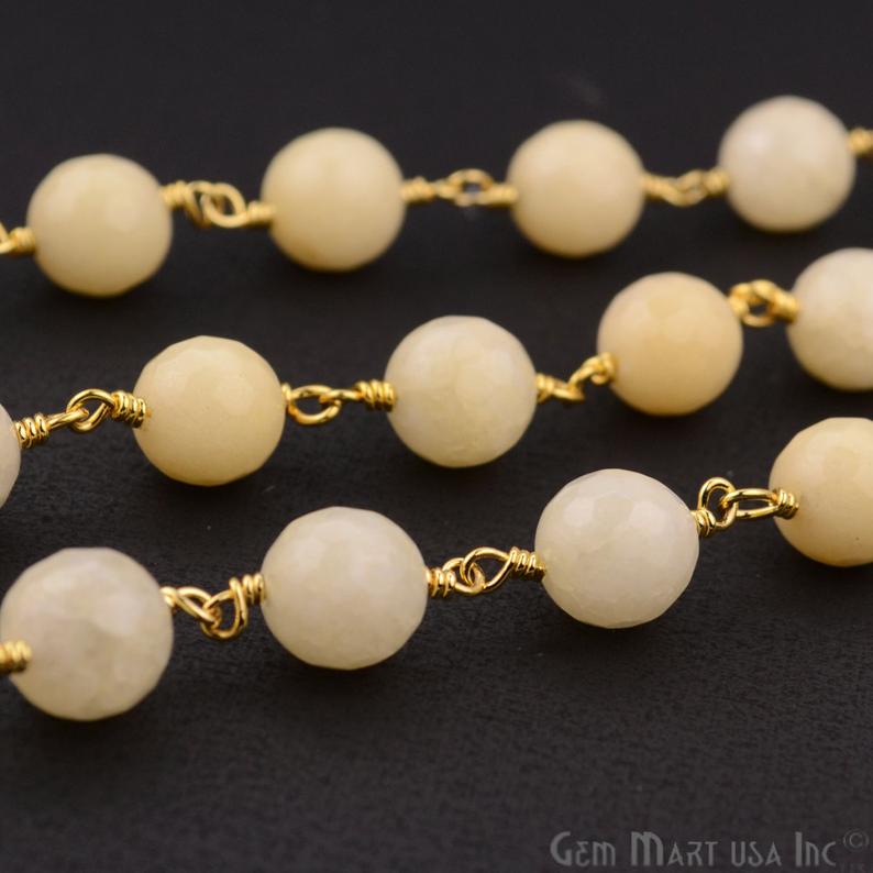Light Caramel Jade Faceted Beads 8mm Gold Plated Wire Wrapped Rosary Chain - GemMartUSA