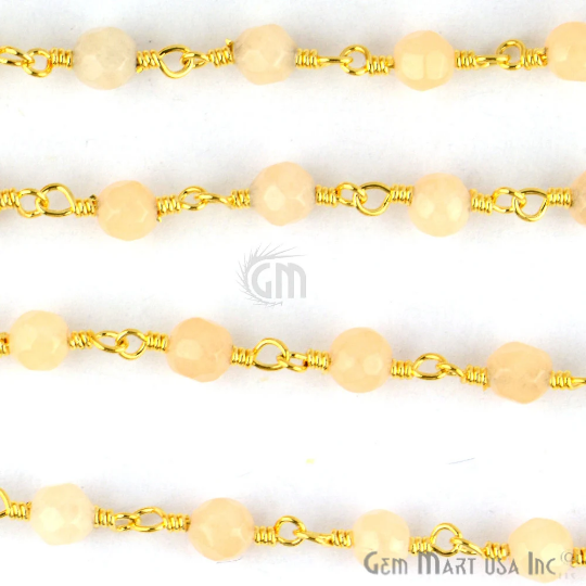 Light Caramel Jade 4mm Gold Wire Wrapped Beads Rosary Chain