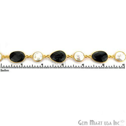 Black Onyx & Pearl Gold Plated Bezel 10-15mm Continuous Connector Chain