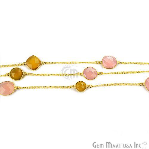 Rose Chalcedony With Yellow Chalcedony 10-15mm Gold Plated Bezel Connector Link Rosary Chain (764190818351)