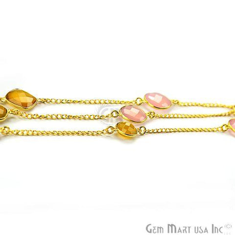 Rose Chalcedony With Yellow Chalcedony 10-15mm Gold Plated Bezel Connector Link Rosary Chain (764190818351)