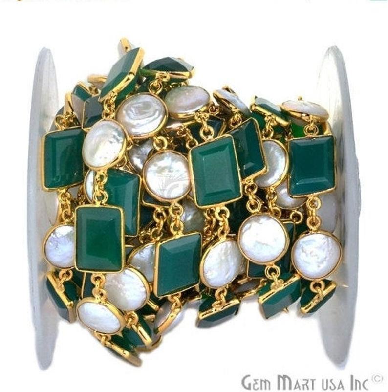 Green Onyx & Pearl 10-15mm Gold Bezeled Continuous Connector Chain - GemmartUSA