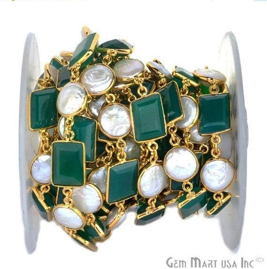 Green Onyx & Pearl 10-15mm Gold Bezeled Continuous Connector Chain - GemmartUSA