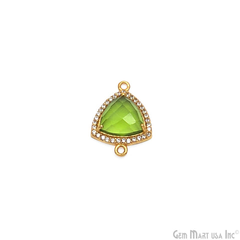 Peridot Connector, Trillion 14mm, Gold Prong Setting, Pendant Connector, Cubic Zircon Pave, Double Bail Connector
