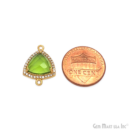 Peridot Connector, Trillion 14mm, Gold Prong Setting, Pendant Connector, Cubic Zircon Pave, Double Bail Connector