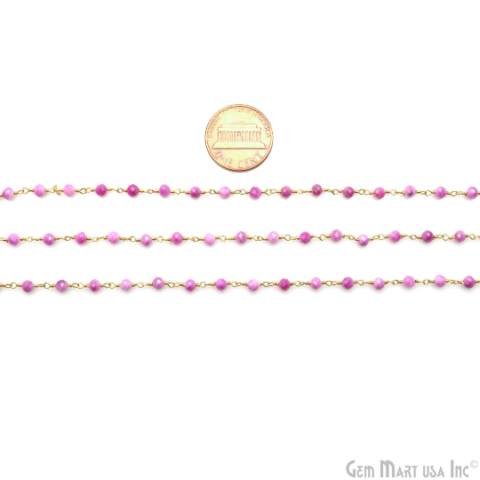 Pink Jade 3-3.5mm Beaded Gold Plated Wire Wrapped Rosary Chain