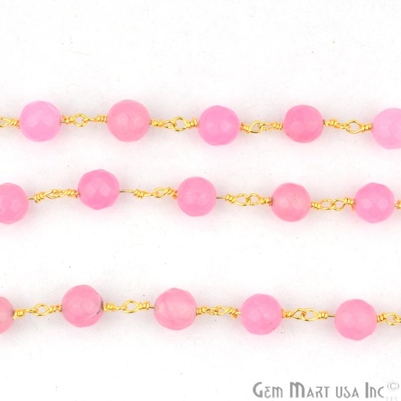 Baby Pink Jade Faceted Beads Gold Plated Wire Wrapped Rosary Chain - GemMartUSA