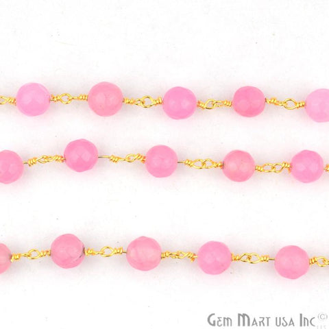 Baby Pink Jade Faceted Beads Gold Plated Wire Wrapped Rosary Chain - GemMartUSA