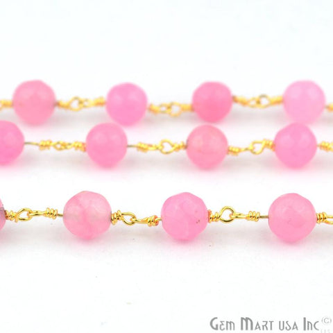 Baby Pink Jade Faceted Beads Gold Plated Wire Wrapped Rosary Chain - GemMartUSA