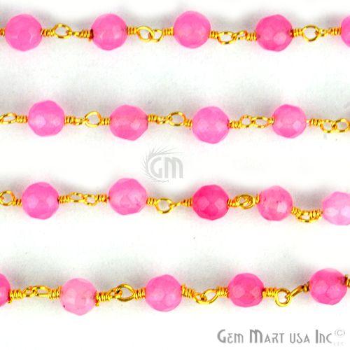 Baby Pink Jade Beads Gold Plated Wire Wrapped Rosary Chain (763649097775)