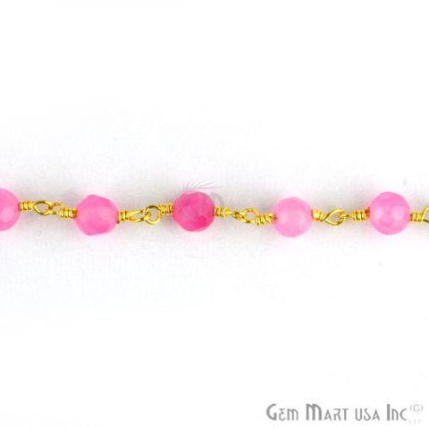 Baby Pink Jade Beads Gold Plated Wire Wrapped Rosary Chain (763649097775)