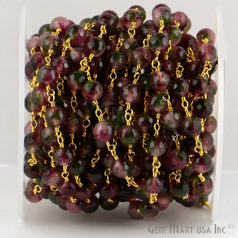 Purple Malaysia Jade Faceted Beads 8mm Gold Plated Wire Wrapped Rosary Chain - GemMartUSA