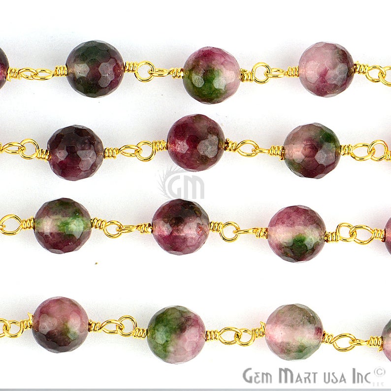 Purple Malaysia Jade Faceted Beads 8mm Gold Plated Wire Wrapped Rosary Chain - GemMartUSA