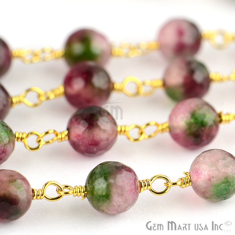 Purple Malaysia Jade Faceted Beads 8mm Gold Plated Wire Wrapped Rosary Chain - GemMartUSA