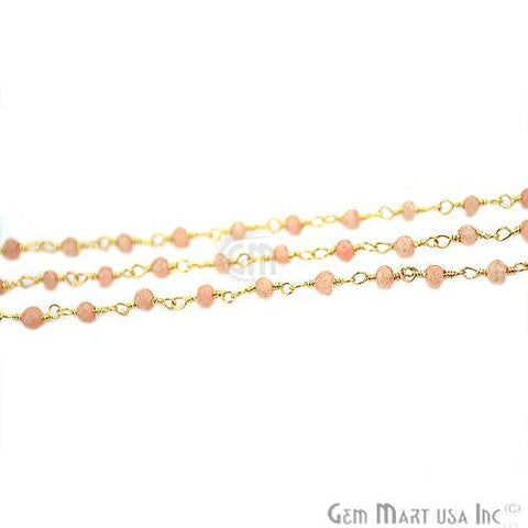 Pink Opal Gemstone Beads Gold Plated Wire Wrapped Bead Rosary Chain