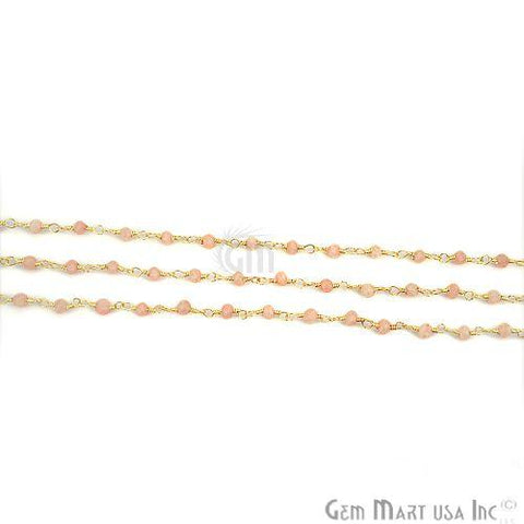 Pink Opal Gemstone Beads Gold Plated Wire Wrapped Bead Rosary Chain