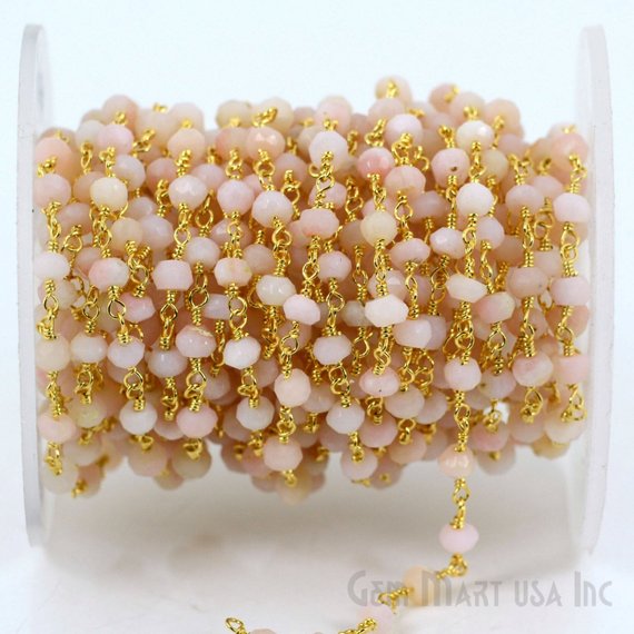 Pink Opal Gemstone Beaded Gold Plated Wire Wrapped Rosary Chain - GemMartUSA