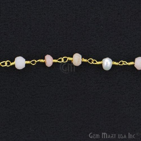 Pink Opal With Pearl Gold Plated Wire Wrapped Beads Rosary Chain