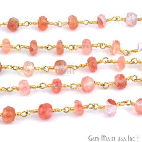 Raspberry Quartz 5-6mm Gold Plated Wire Wrapped Beads Rosary Chain (763760574511)