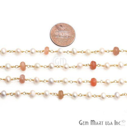 Sunstone 6-7mm, Pearl 5mm Beaded Gold Plated Wire Wrapped Rosary Chain