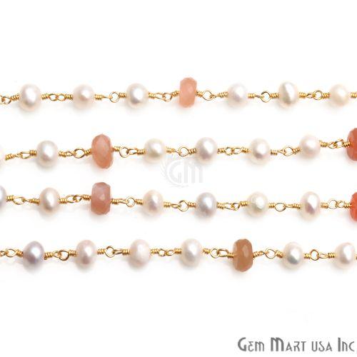 Sunstone 6-7mm, Pearl 5mm Beaded Gold Plated Wire Wrapped Rosary Chain