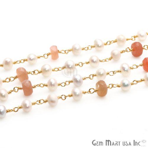 Sunstone 6-7mm, Pearl 5mm Beaded Gold Plated Wire Wrapped Rosary Chain