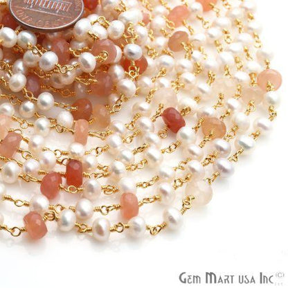 Sunstone 6-7mm, Pearl 5mm Beaded Gold Plated Wire Wrapped Rosary Chain