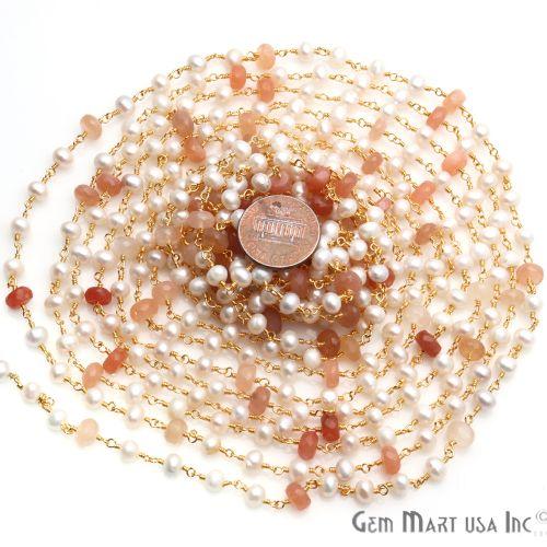 Sunstone 6-7mm, Pearl 5mm Beaded Gold Plated Wire Wrapped Rosary Chain