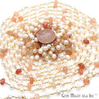 Sunstone 6-7mm, Pearl 5mm Beaded Gold Plated Wire Wrapped Rosary Chain