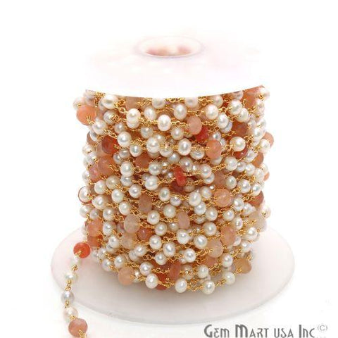 Sunstone 6-7mm, Pearl 5mm Beaded Gold Plated Wire Wrapped Rosary Chain