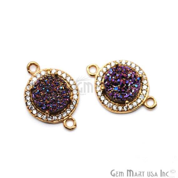 Cubic Zircon Pave Druzy 8mm Round Shape Gold Plated Double Bail Connector (Pick Your Color) (40008) - GemMartUSA