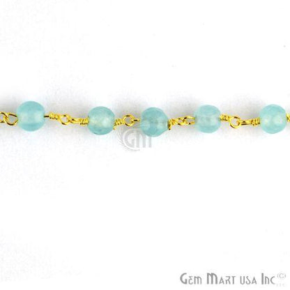 Aqua Jade Faceted Beads Gold Plated Wire Wrapped Rosary Chain