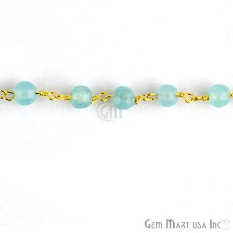 Aqua Jade Faceted Beads Gold Plated Wire Wrapped Rosary Chain