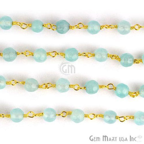 Aqua Jade Faceted Beads Gold Plated Wire Wrapped Rosary Chain