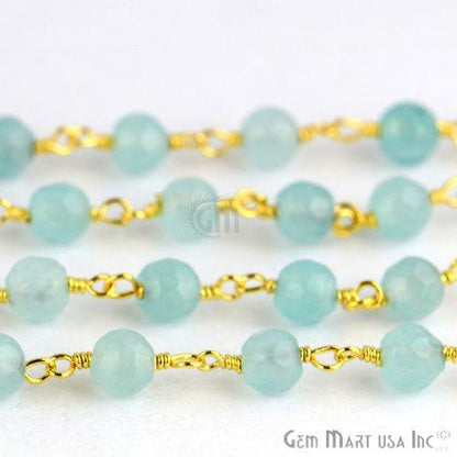 Aqua Jade Faceted Beads Gold Plated Wire Wrapped Rosary Chain