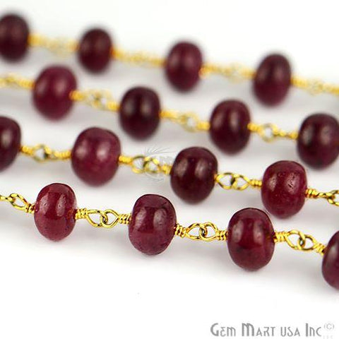 Smooth Ruby 7-8mm Gold Plated Wire Wrapped Beads Rosary Chain (763779645487)