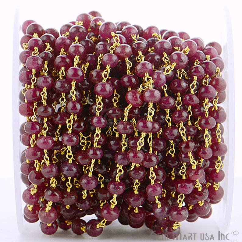 Smooth Ruby 9-10mm Gold Plated Wire Wrapped Beads Rosary Chain - GemMartUSA