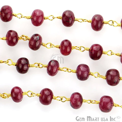 Smooth Ruby 9-10mm Gold Plated Wire Wrapped Beads Rosary Chain - GemMartUSA