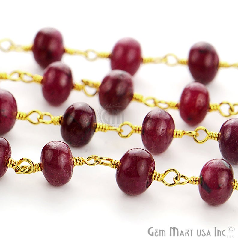 Smooth Ruby 9-10mm Gold Plated Wire Wrapped Beads Rosary Chain - GemMartUSA