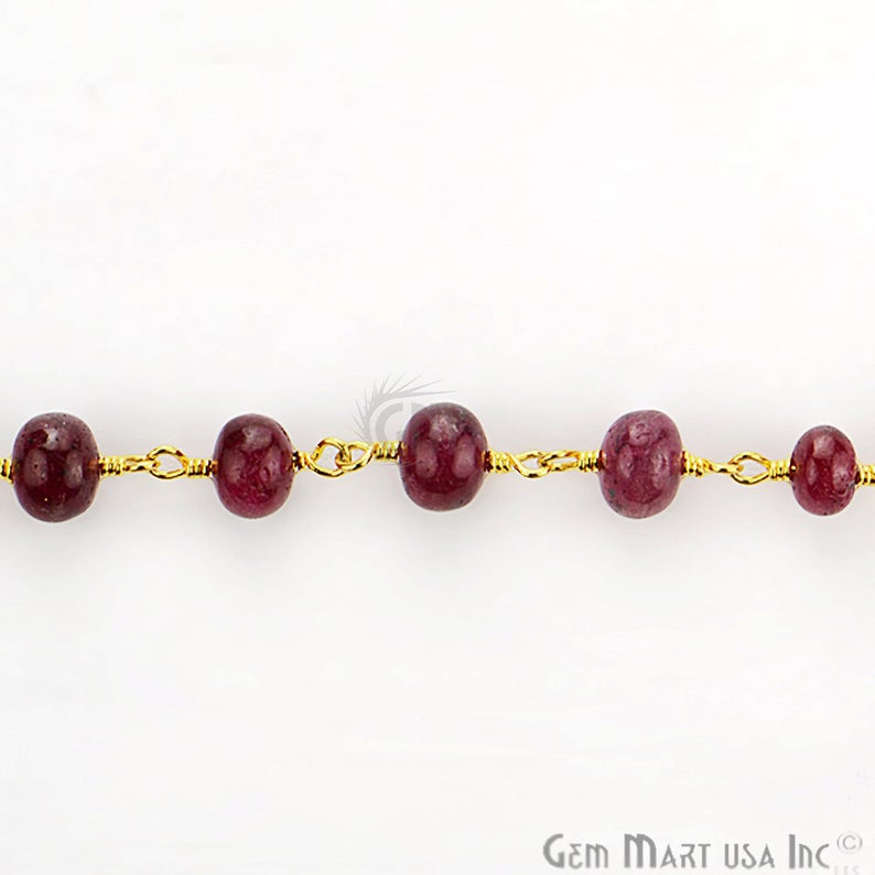 Smooth Ruby 9-10mm Gold Plated Wire Wrapped Beads Rosary Chain - GemMartUSA