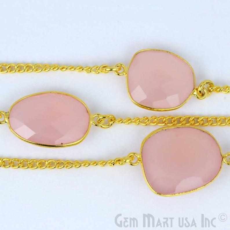 Rose Chalcedony 15mm Gold Plated Bezel Link Connector Chain - GemMartUSA (764196487215)