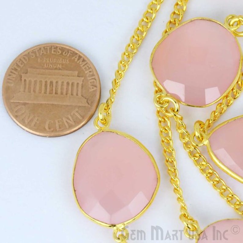 Rose Chalcedony 15mm Gold Plated Bezel Link Connector Chain - GemMartUSA (764196487215)