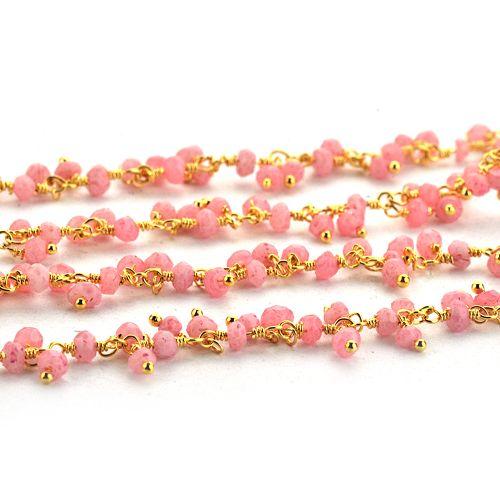 Rose Chalcedony Beads Gold Plated Wire Wrapped Cluster Dangle Chain (764179611695)