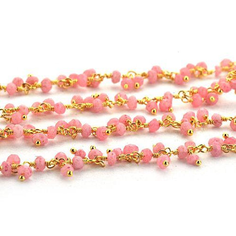Rose Chalcedony Beads Gold Plated Wire Wrapped Cluster Dangle Chain (764179611695)