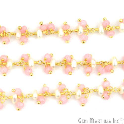 Rose Chalcedony & Pearl Faceted Beads Gold Plated Cluster Dangle Chain (764180004911)