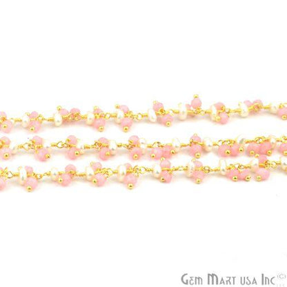 Rose Chalcedony & Pearl Faceted Beads Gold Plated Cluster Dangle Chain (764180004911)