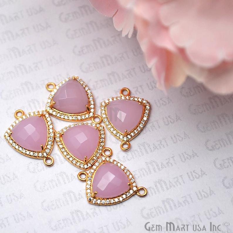 Rose Chalcedony 10mm Trillion Pave Gold Plated Gemstone Connector - GemMartUSA