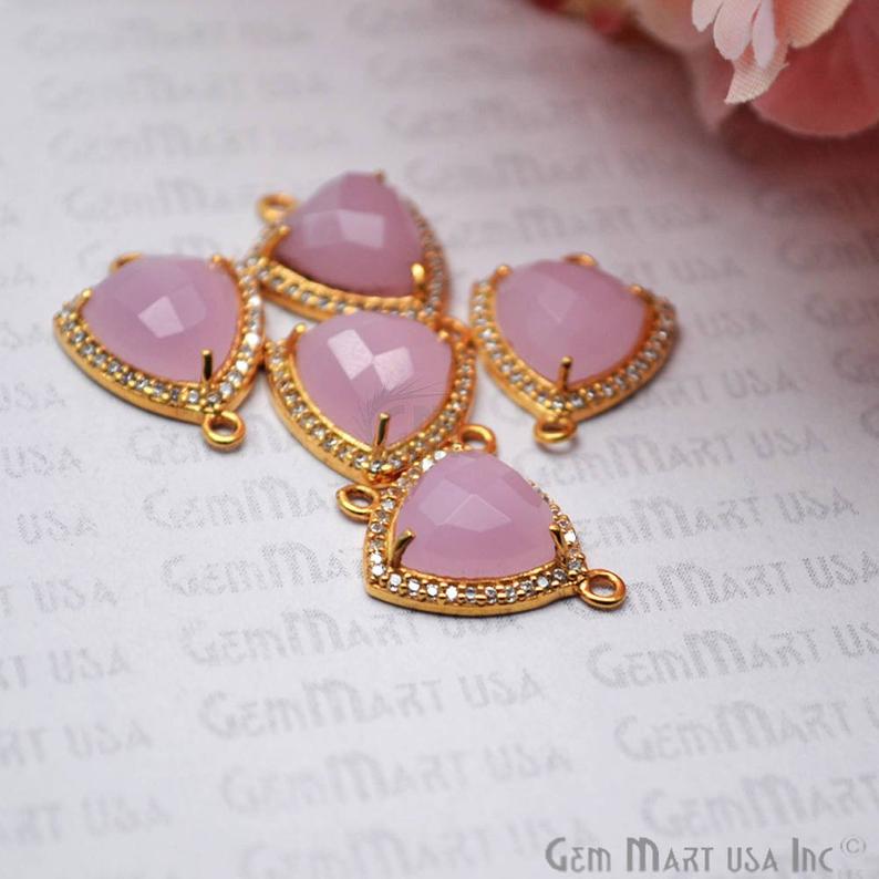 Rose Chalcedony 10mm Trillion Pave Gold Plated Gemstone Connector - GemMartUSA